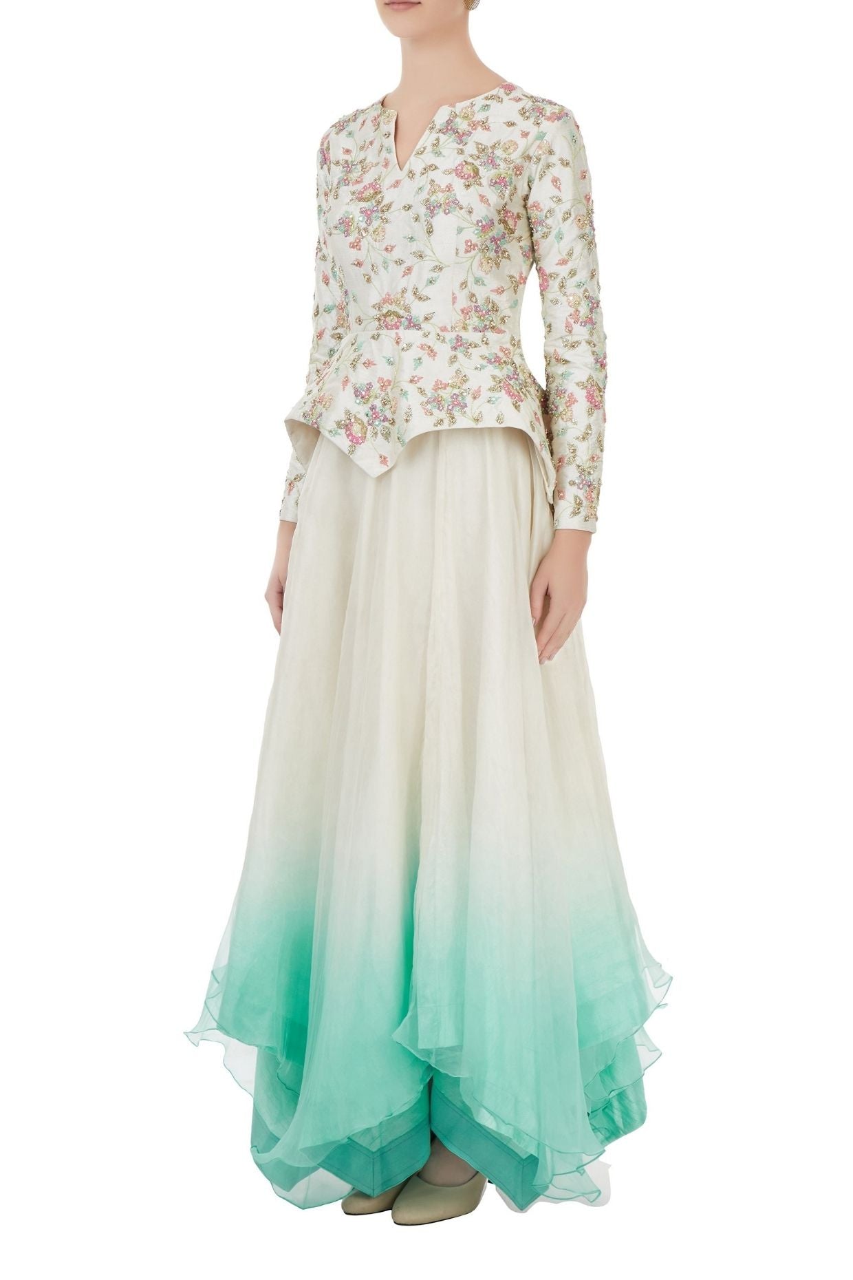 Ivory embroidered Peplum top and Ombre full Skirt