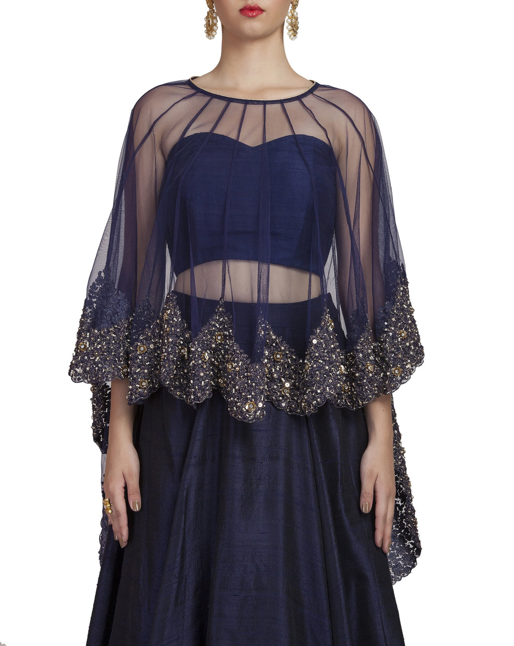 Blue Lehenga With Embroidered Cape