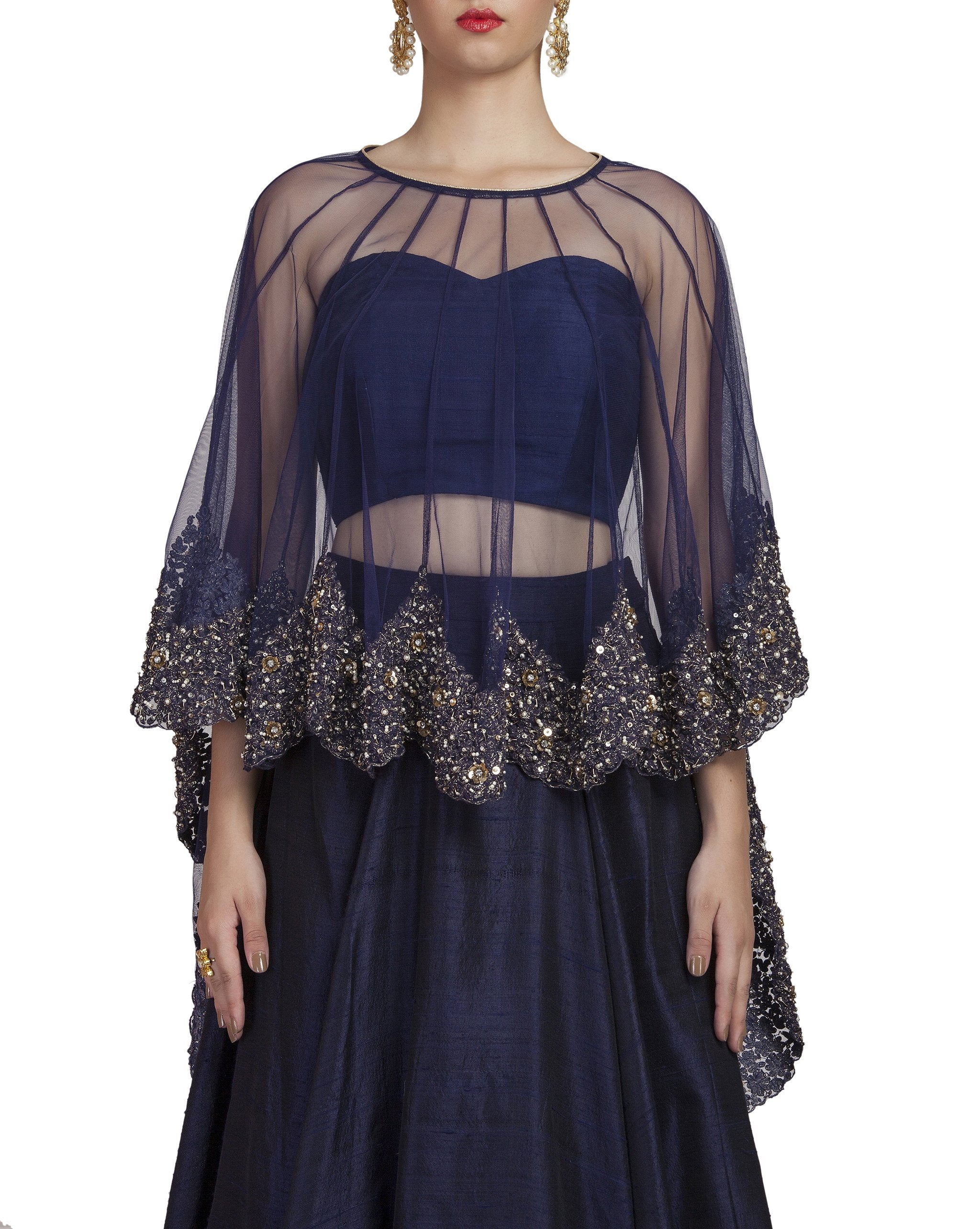 Blue Lehenga With Embroidered Cape