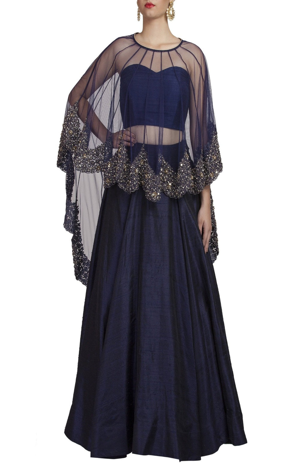 Blue Lehenga With Embroidered Cape