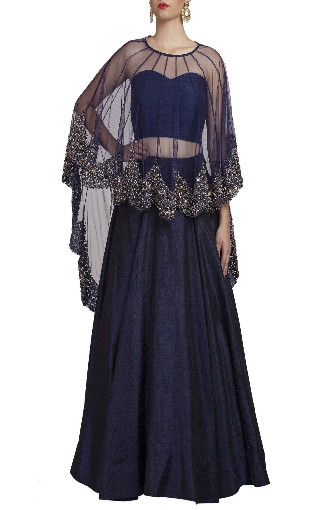 Blue Lehenga With Embroidered Cape