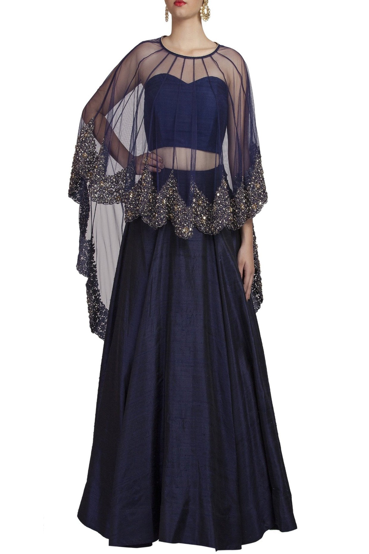 Blue Lehenga with Embroidered Cape