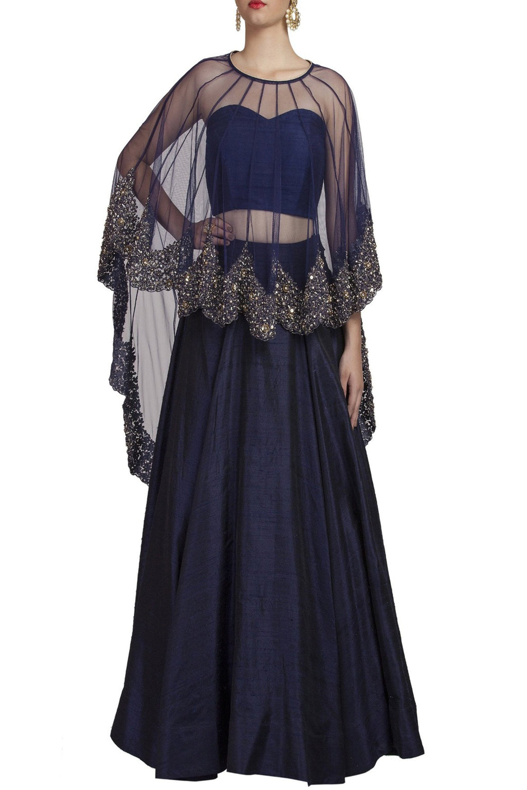 Blue Lehenga With Embroidered Cape