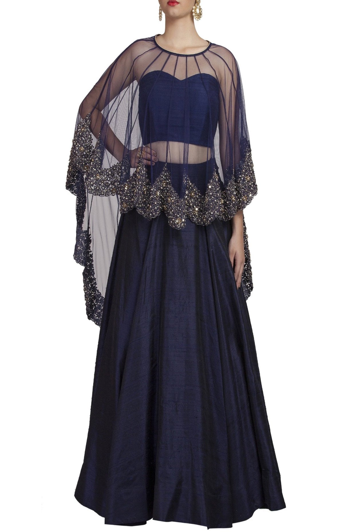 Blue Lehenga With Embroidered Cape