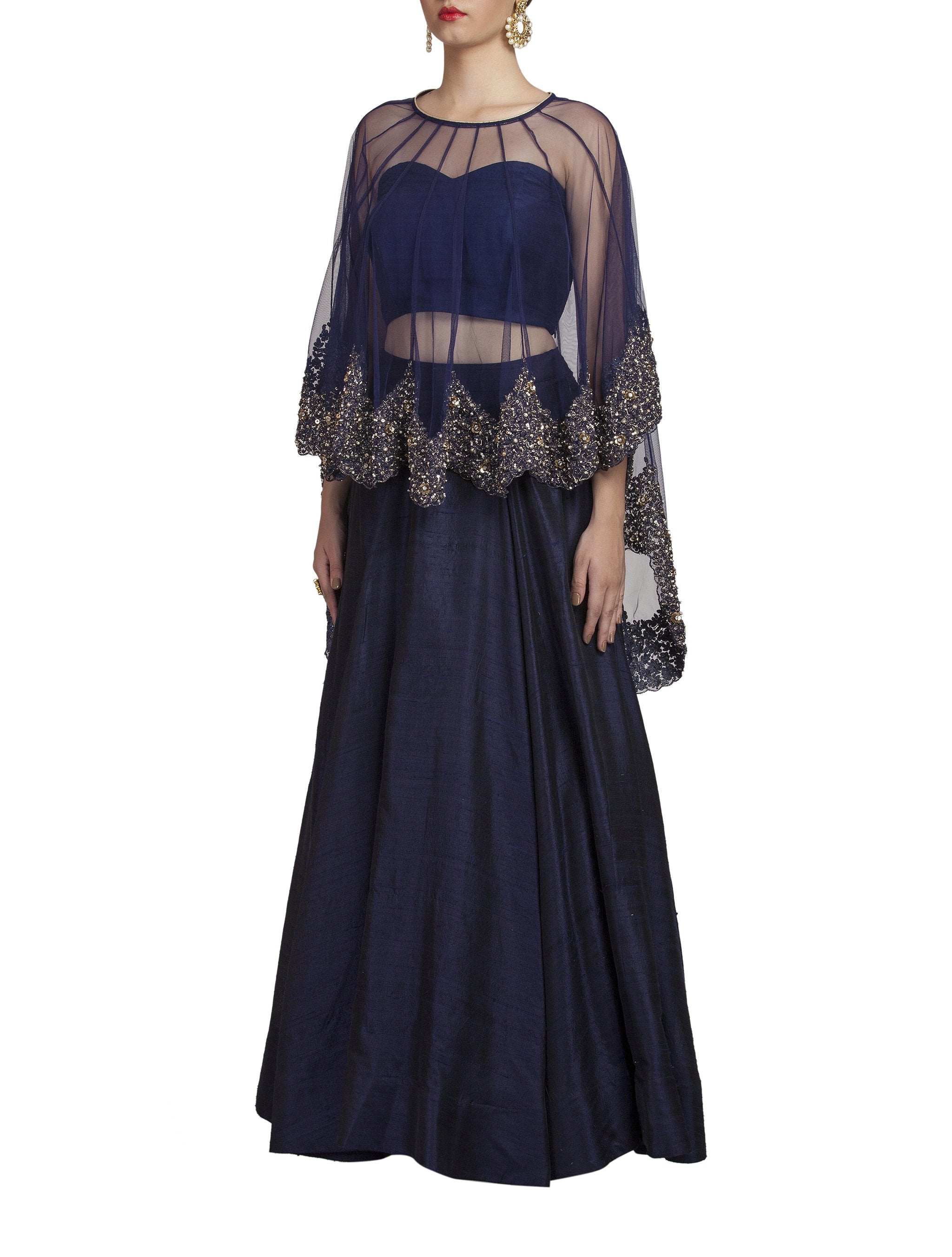 Blue Lehenga With Embroidered Cape