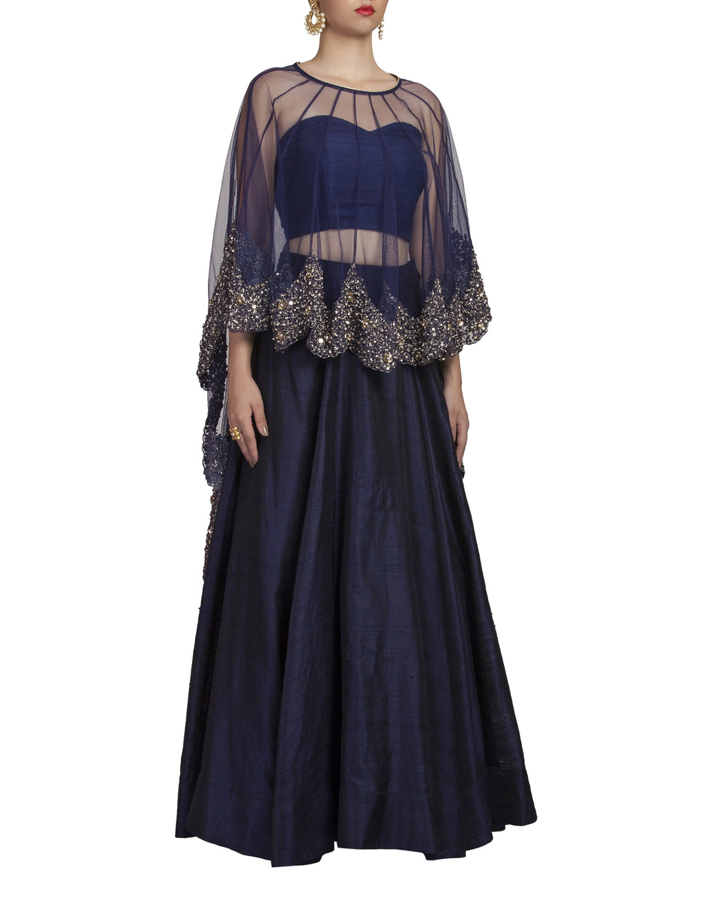 Blue Lehenga With Embroidered Cape