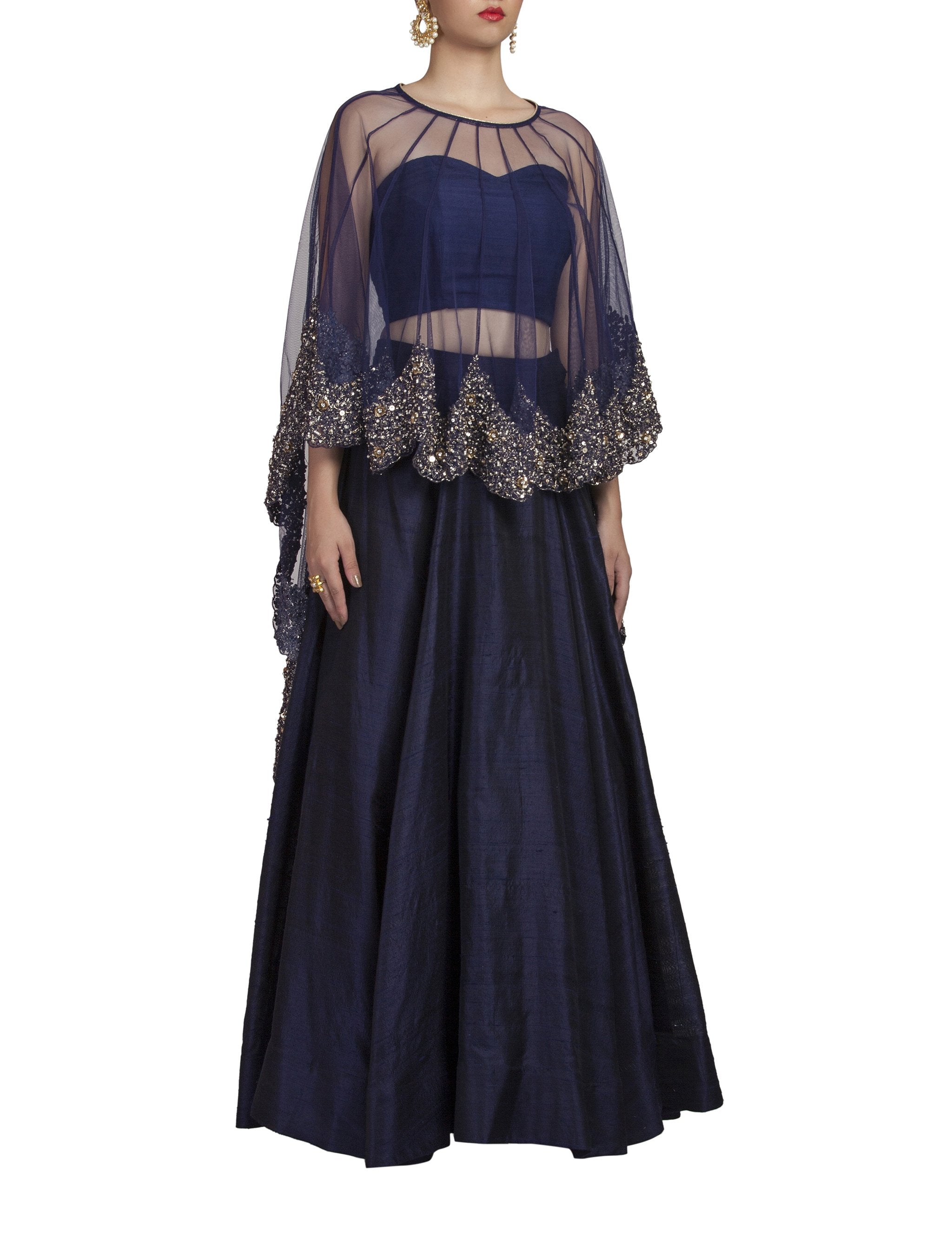 Blue Lehenga With Embroidered Cape