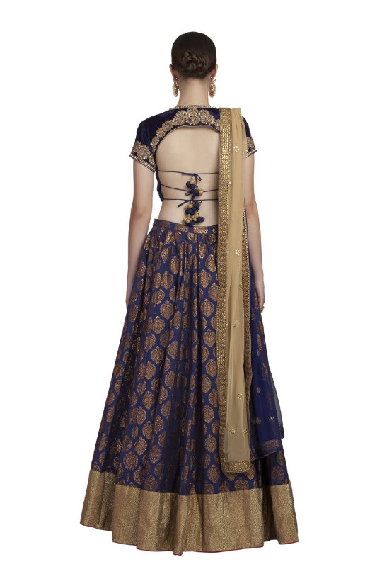 Midnight Blue Chanderi Desginer Lehenga, Backless Blouse with lathkan and Dupatta set 