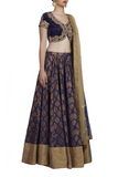 Midnight Blue Chanderi Lehenga, Blue valvet embroidered Blouse and Dupatta set