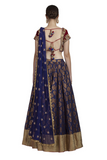 Midnight Blue Chanderi Lehenga, Maroon Backless Blouse with latkhan and Dupatta back look 