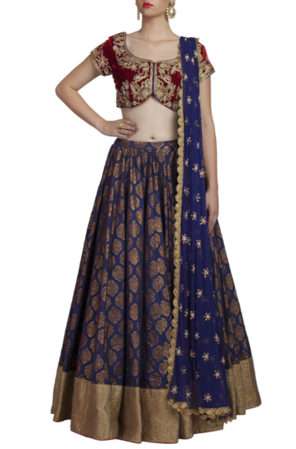 Midnight Blue Chanderi Lehenga Maroon Blouse and Dupatta Front Look