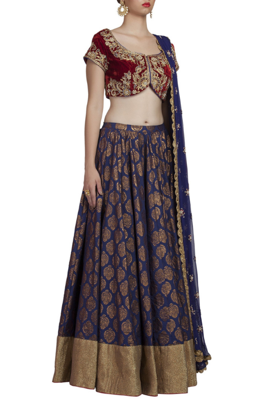 Midnight Blue Chanderi Lehenga Maroon Blouse and Dupatta Side Look