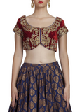 Maroon Blouse with Midnight Blue Chanderi Lehenga