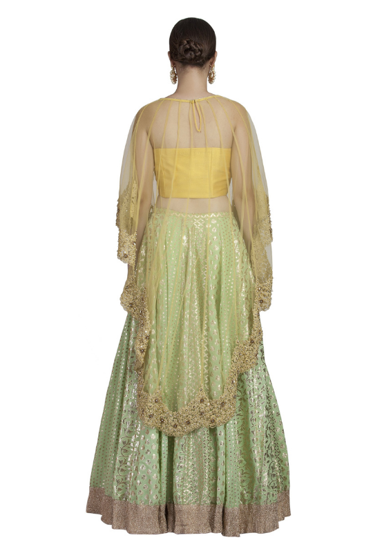 Mint Green Chanderi Lehenga with Backless Yellow Top & Cape by Designer Priyanka Jain