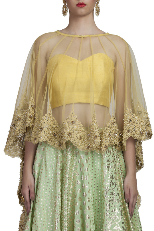 Mint Green Chanderi Lehenga and yellow top