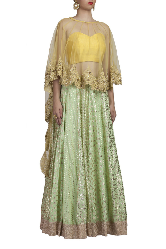 Mint Green Chanderi Lehenga set by Designer Priyanka Jain