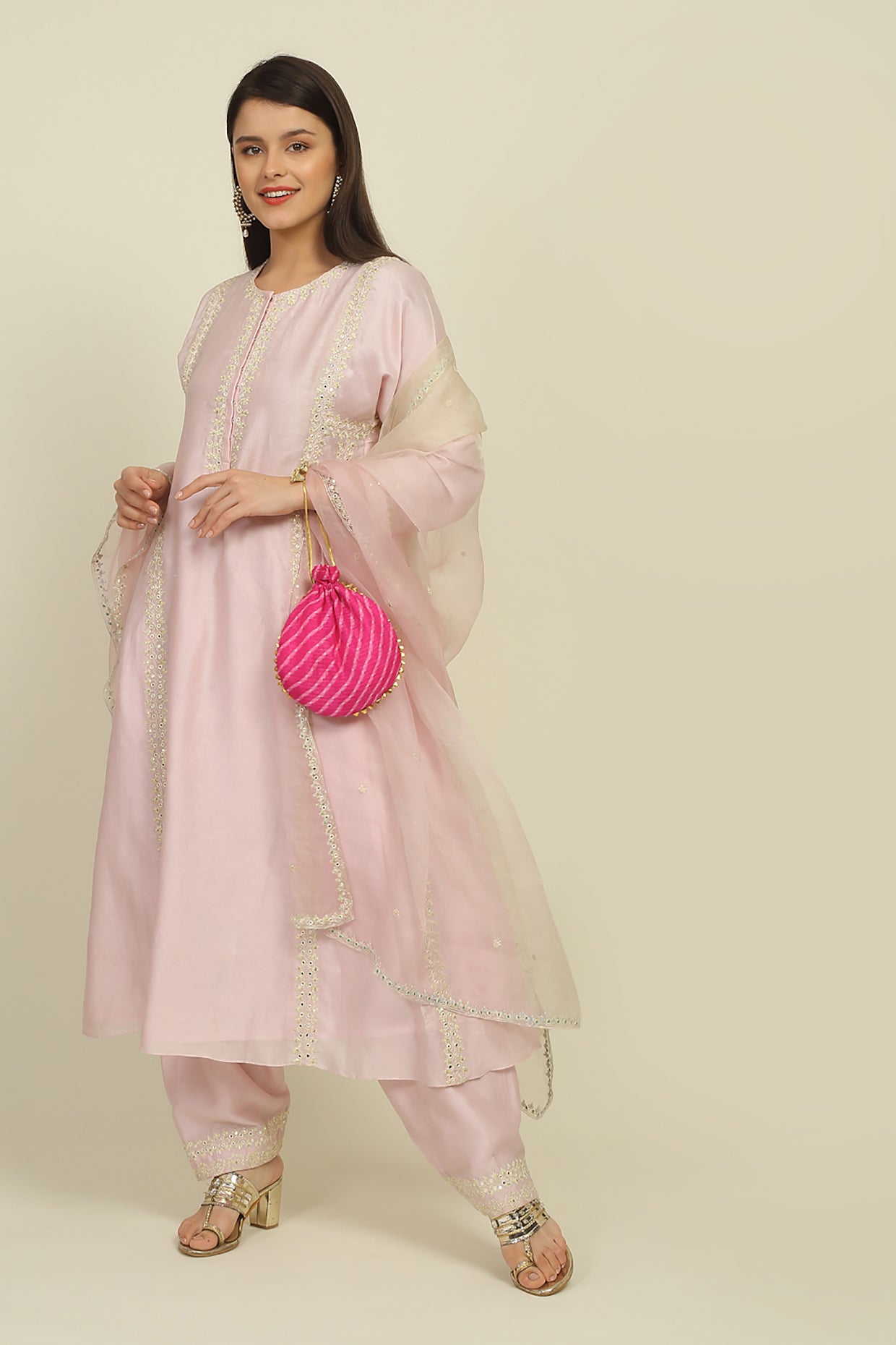 Baby Pink Chanderi Suit Set