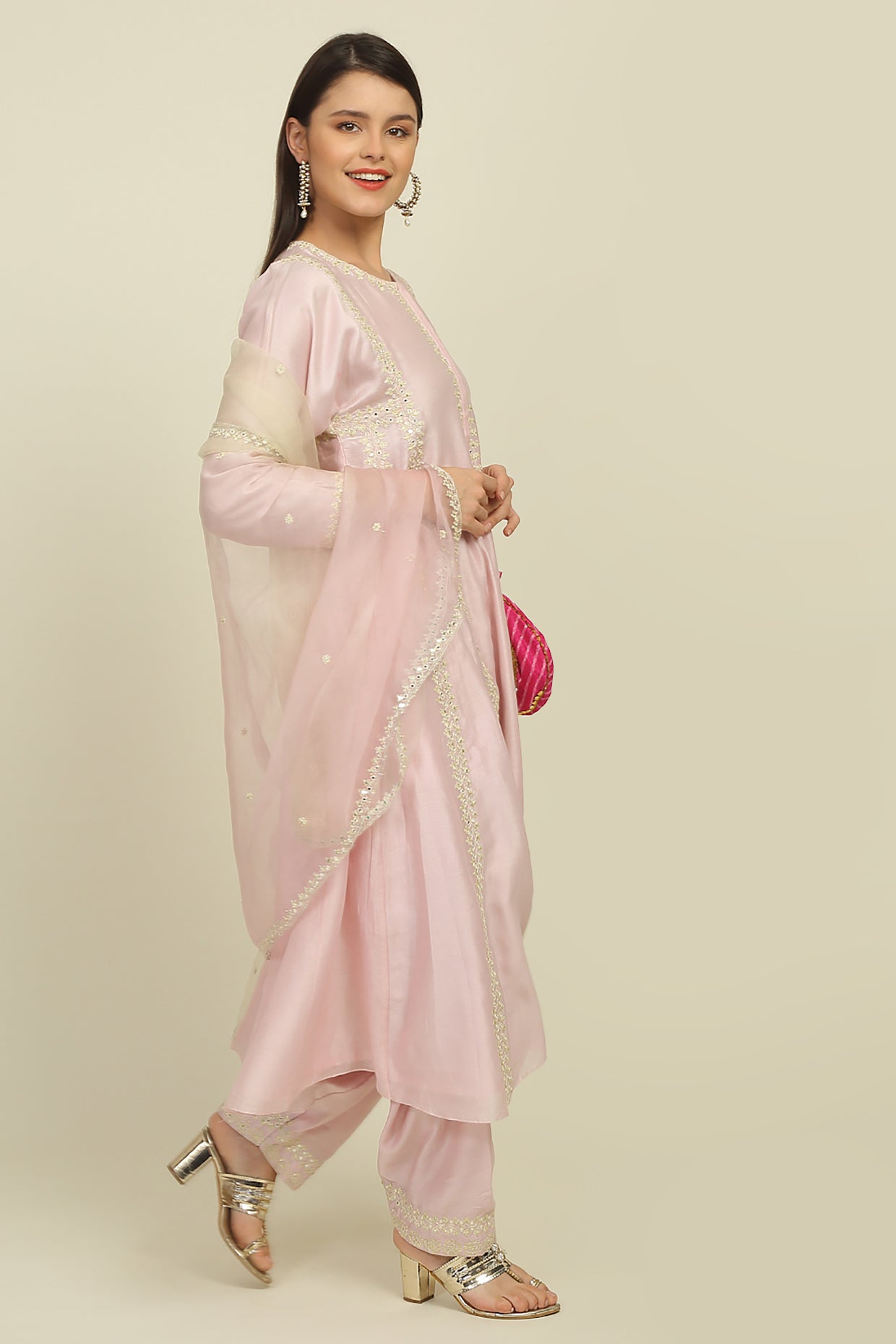 Baby Pink Chanderi Suit Set