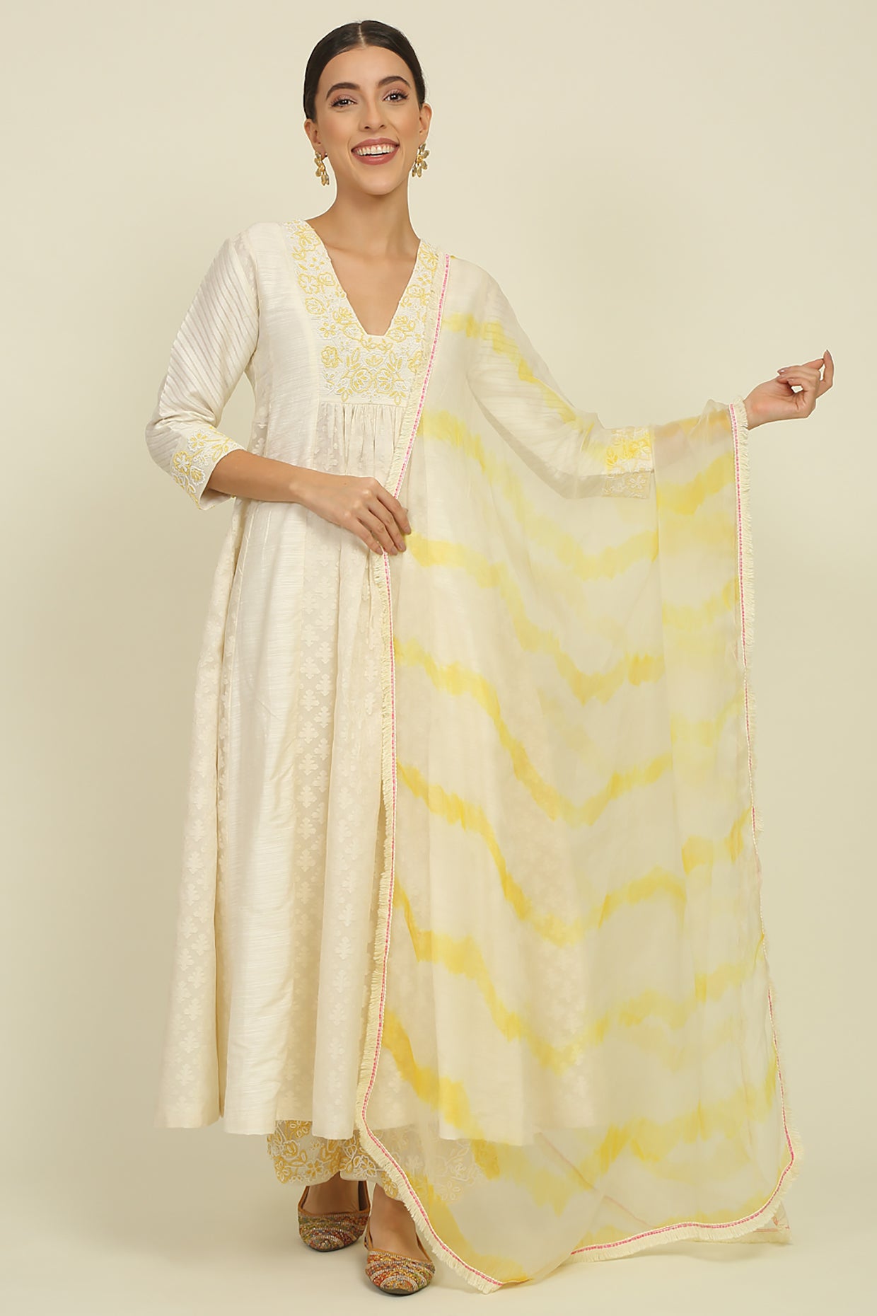 Ivory And Yellow Chanderi Suit Set