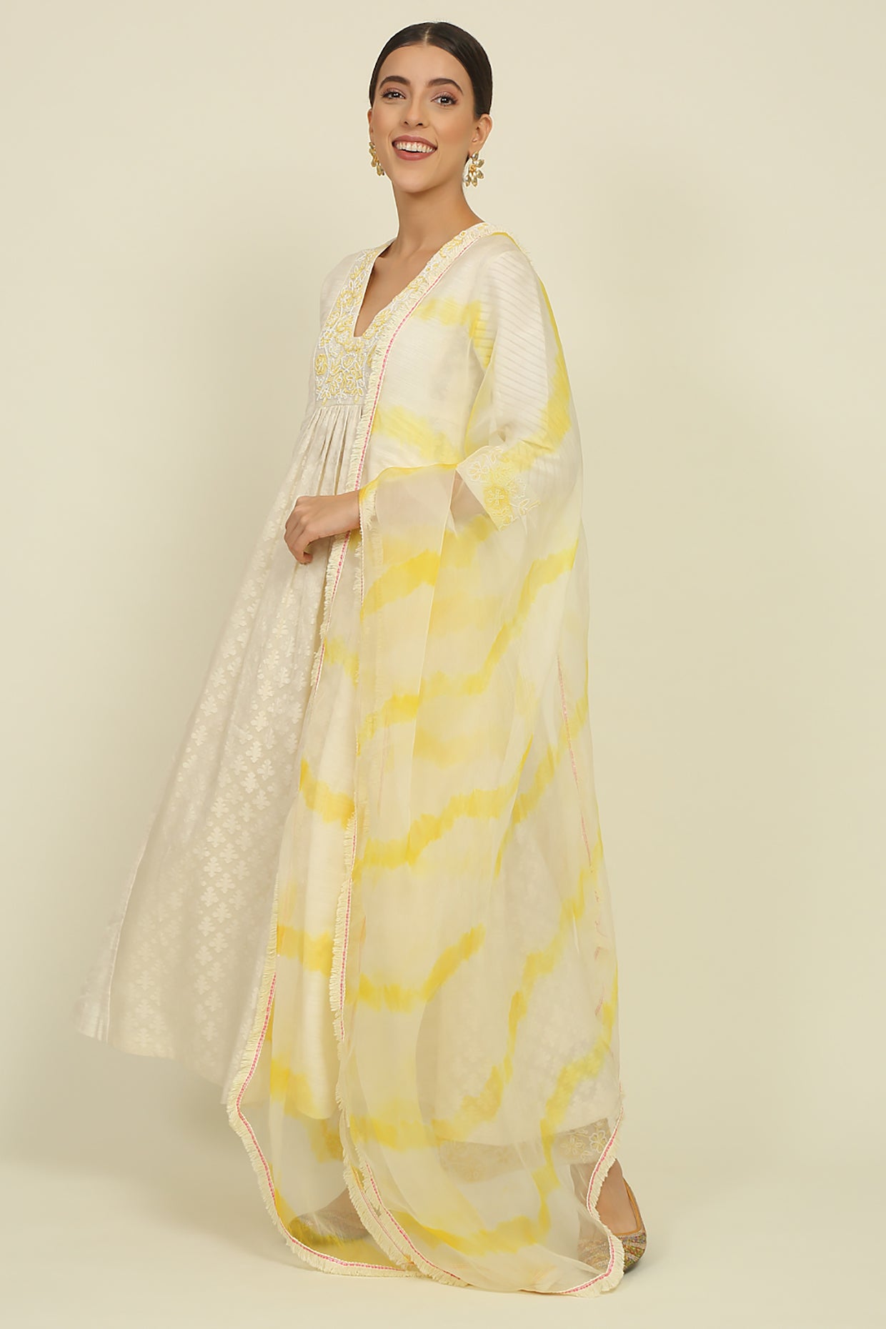 Ivory And Yellow Chanderi Suit Set