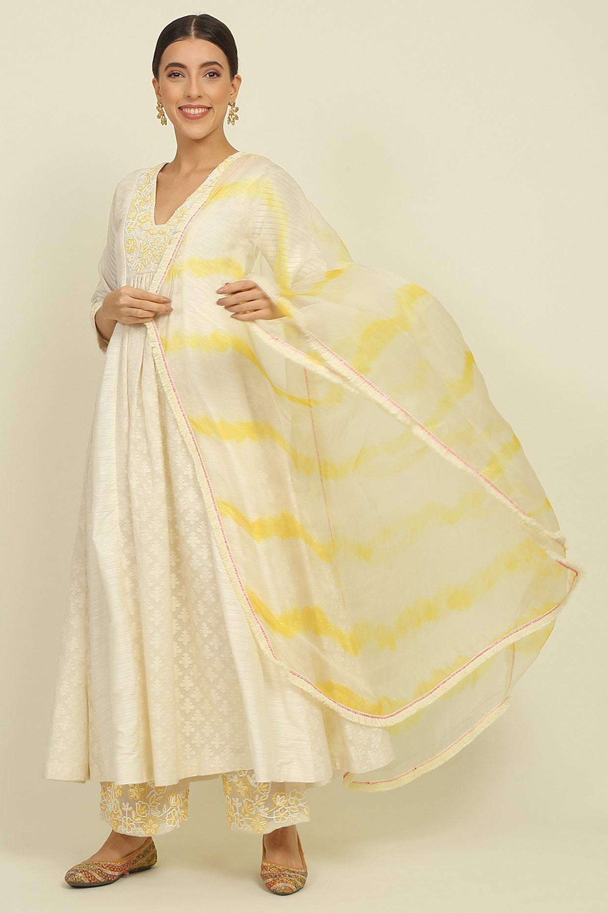 Ivory And Yellow Chanderi Suit Set