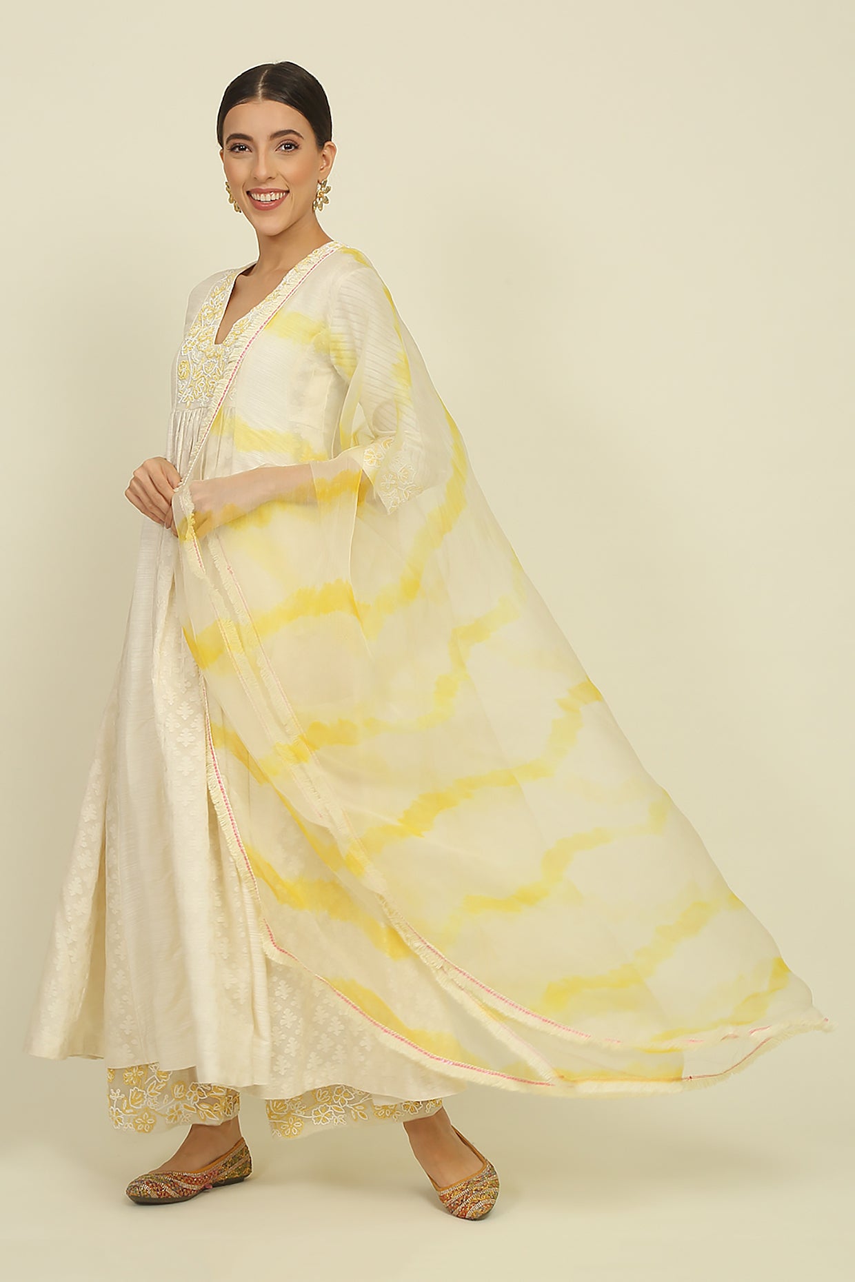 Ivory And Yellow Chanderi Suit Set
