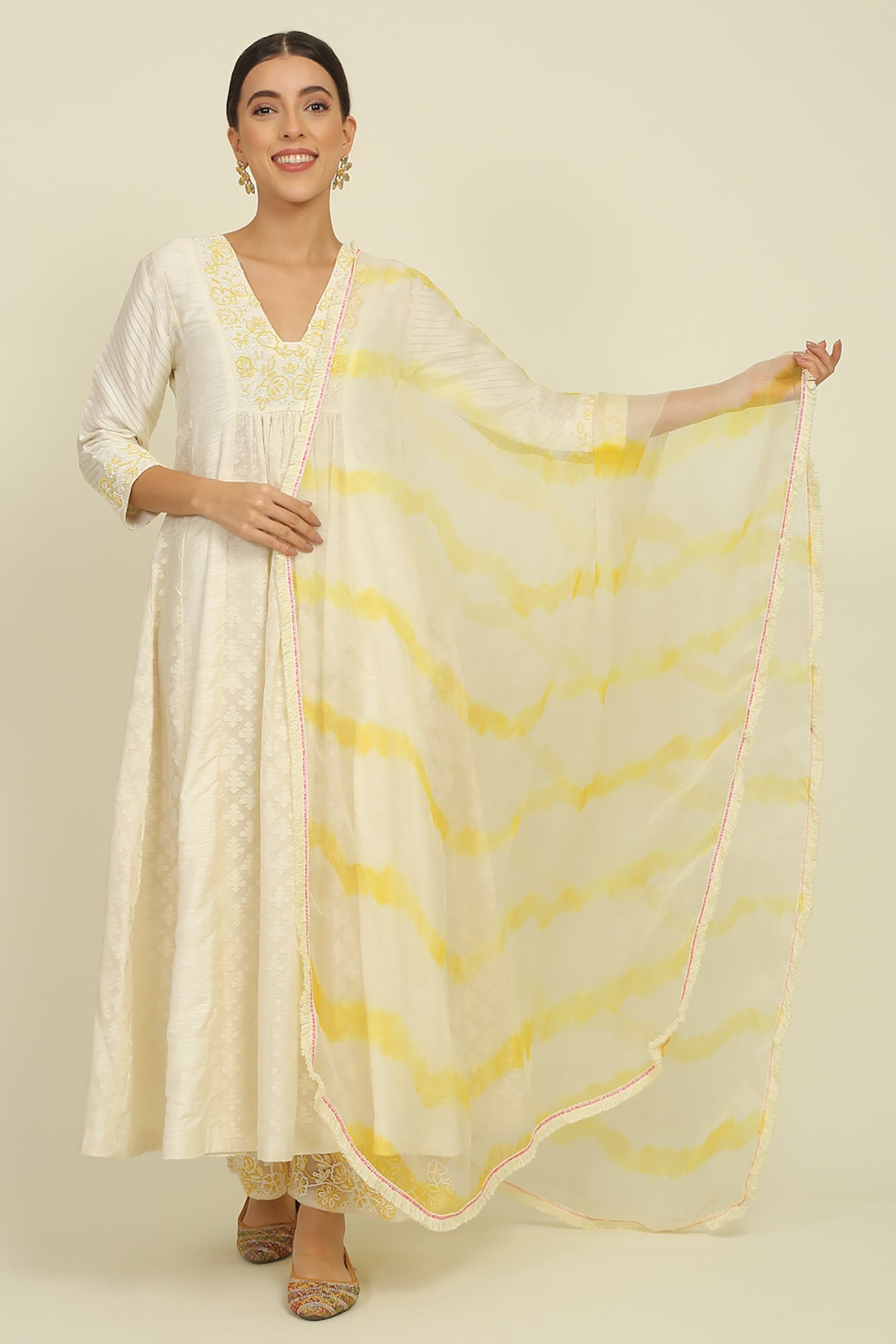Ivory And Yellow Chanderi Suit Set