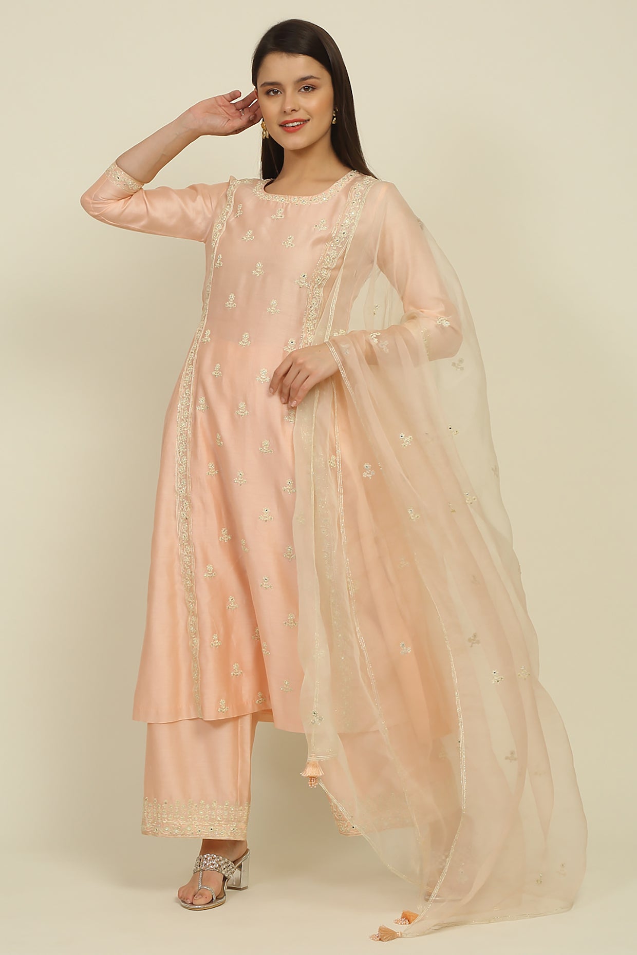 Peach Chanderi Suit Set