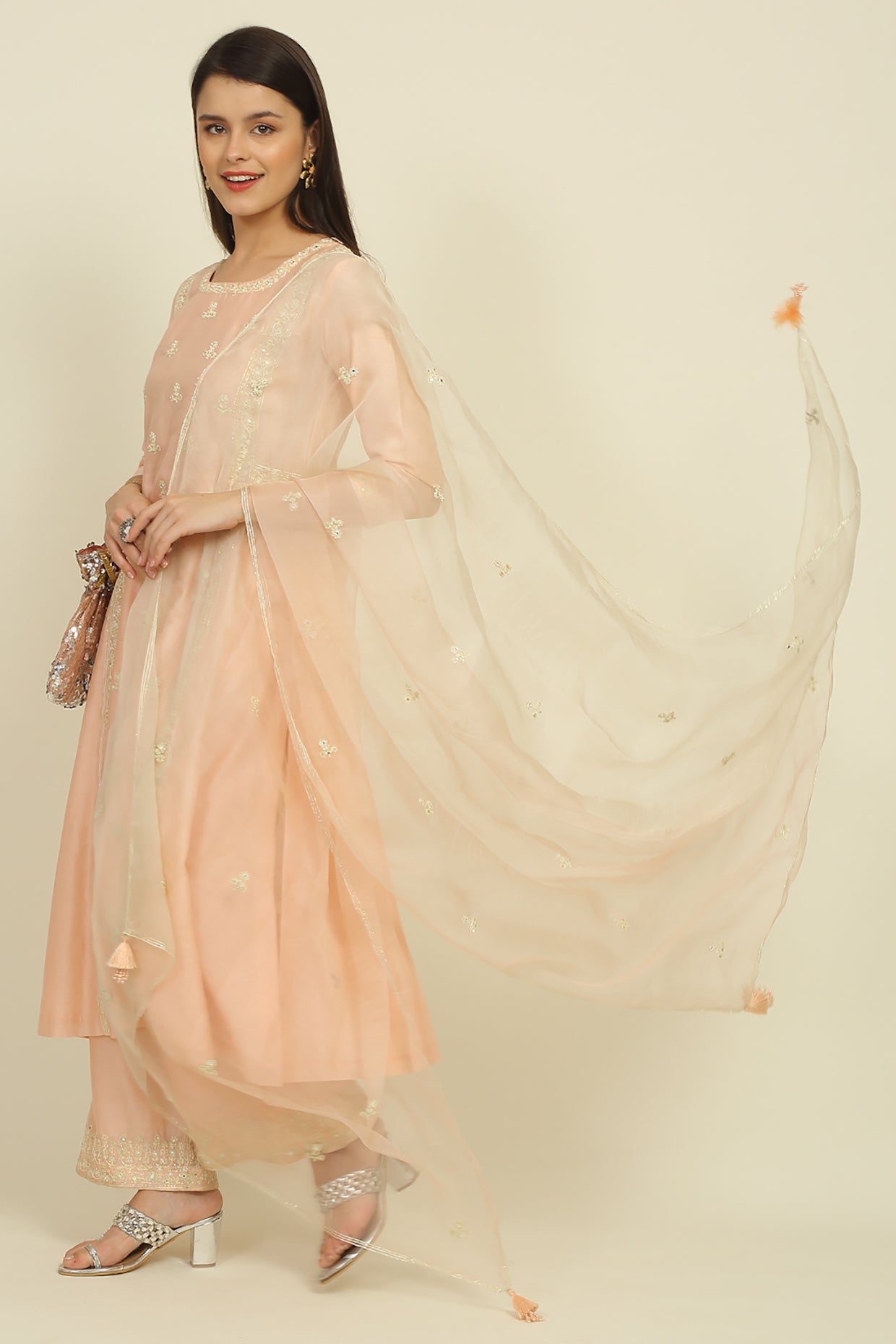 Peach Chanderi Suit Set