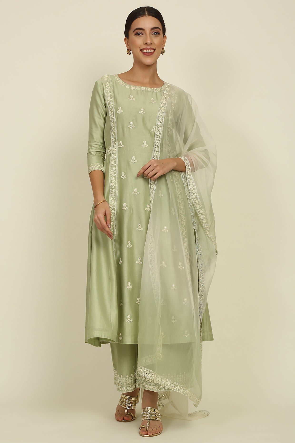 Pista Green Chanderi Suit Set