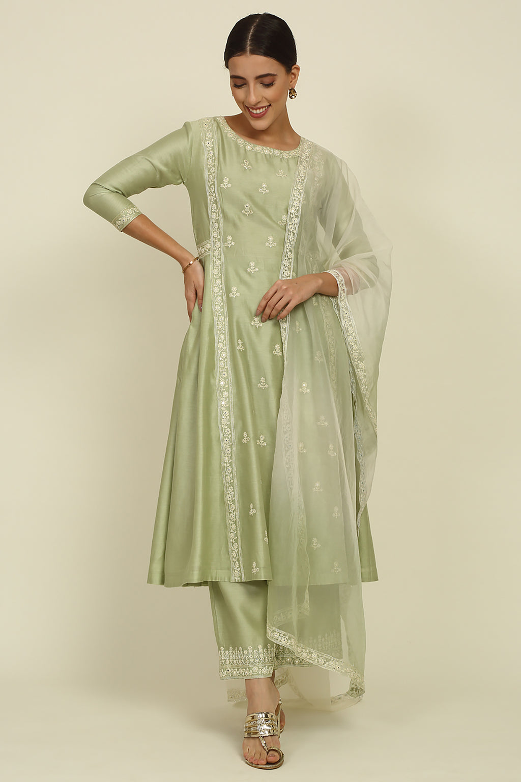 Pista Green Chanderi Suit Set