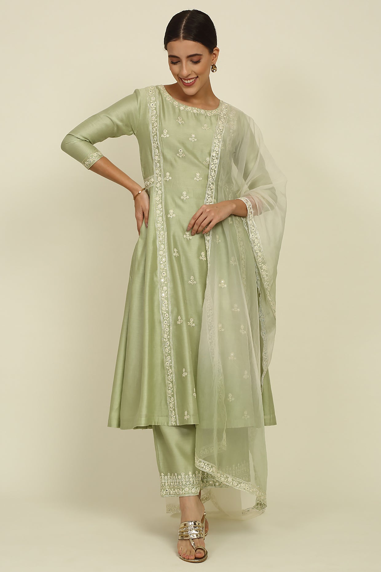 Pista Green Chanderi Suit Set