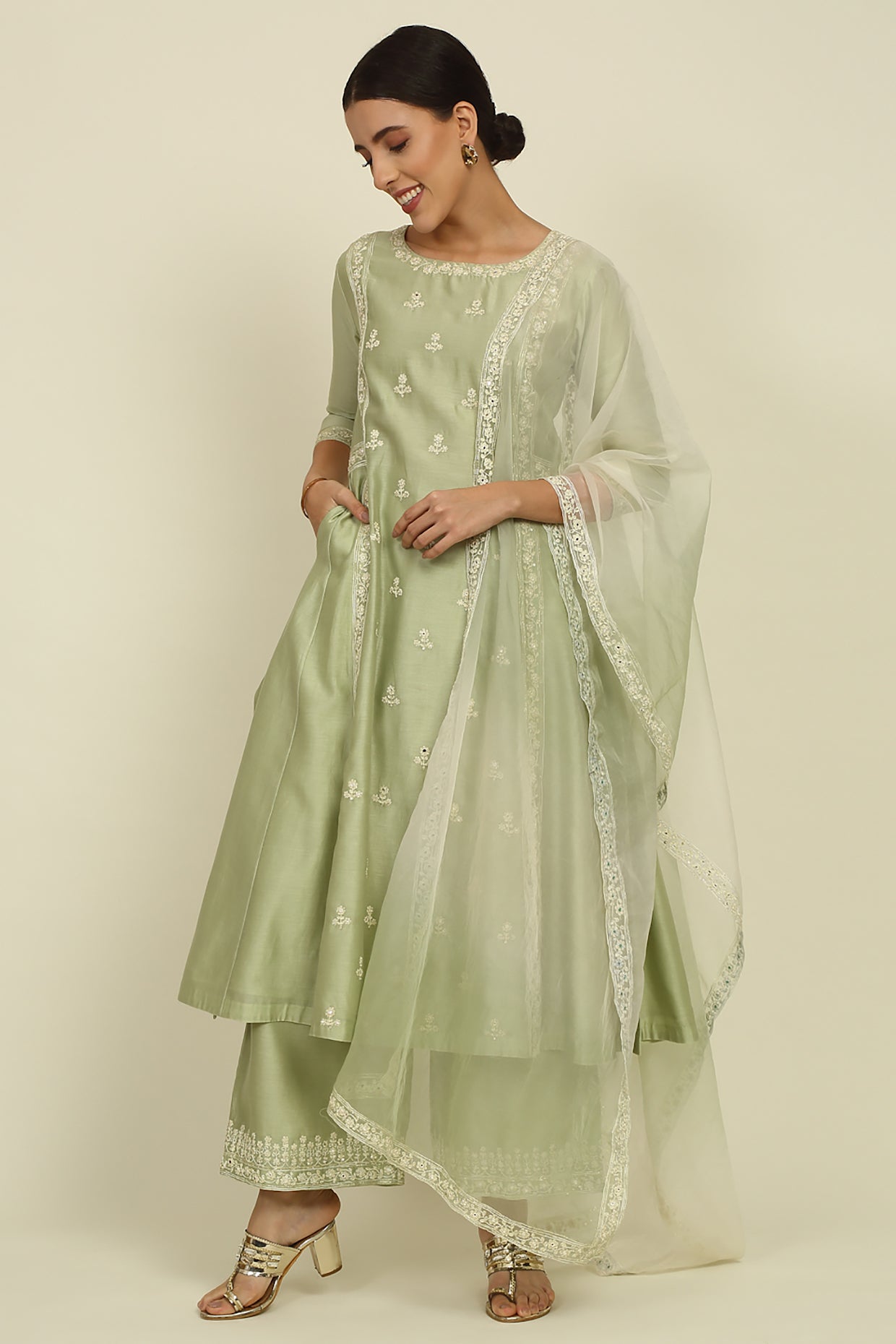 Pista Green Chanderi Suit Set