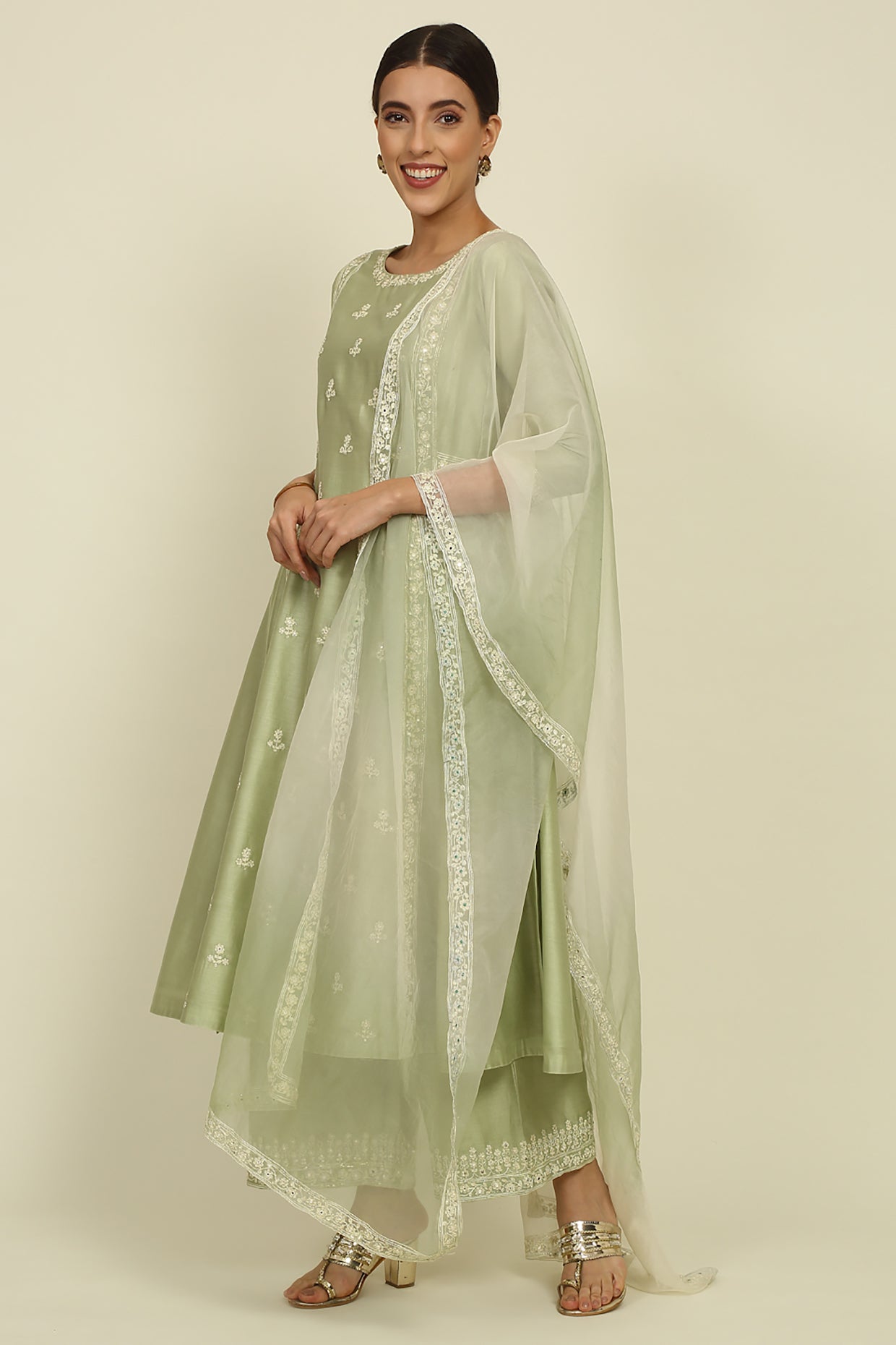 Pista Green Chanderi Suit Set