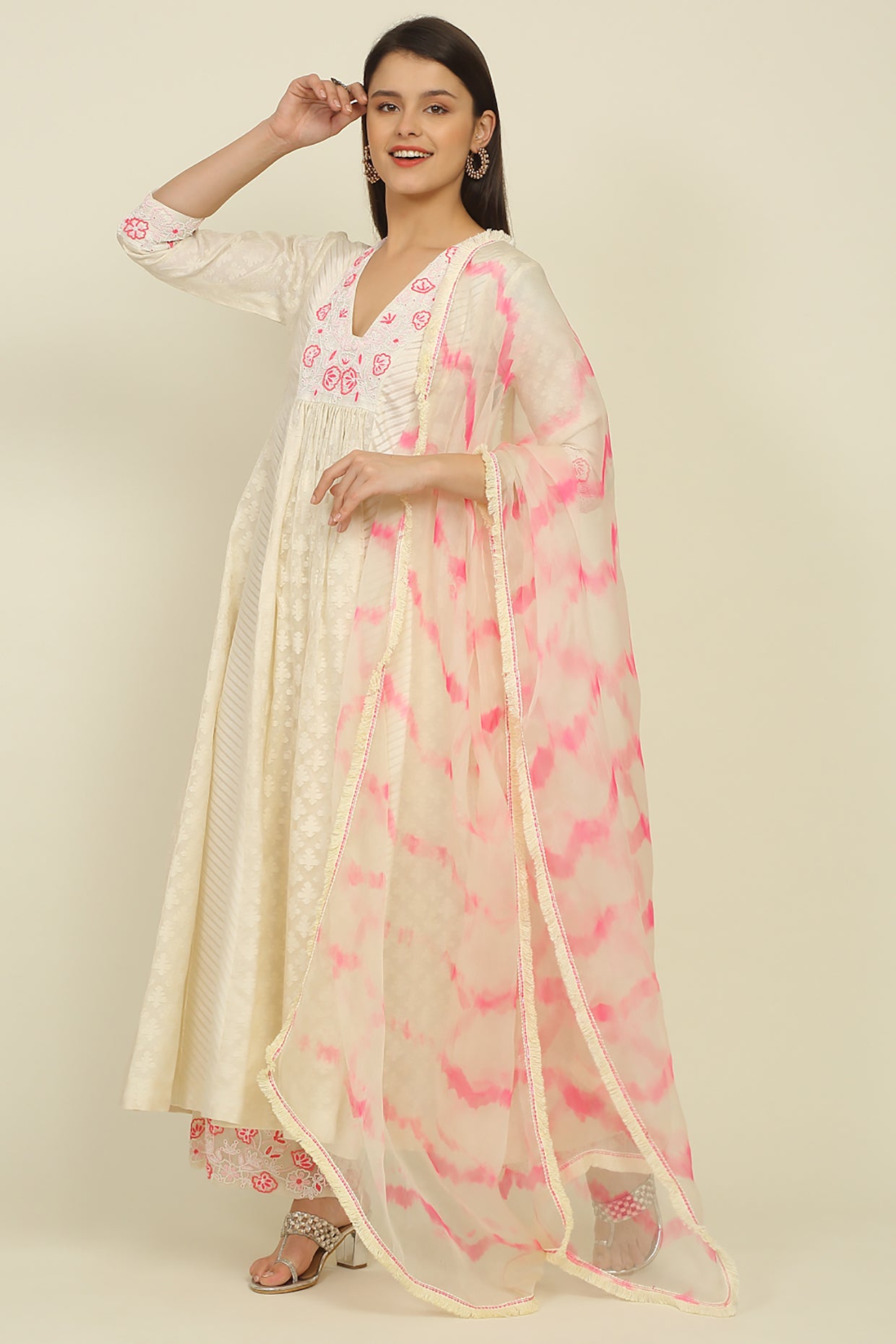 Ivory And Pink Chanderi Suit Set