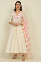 Ivory And Pink Chanderi Suit Set