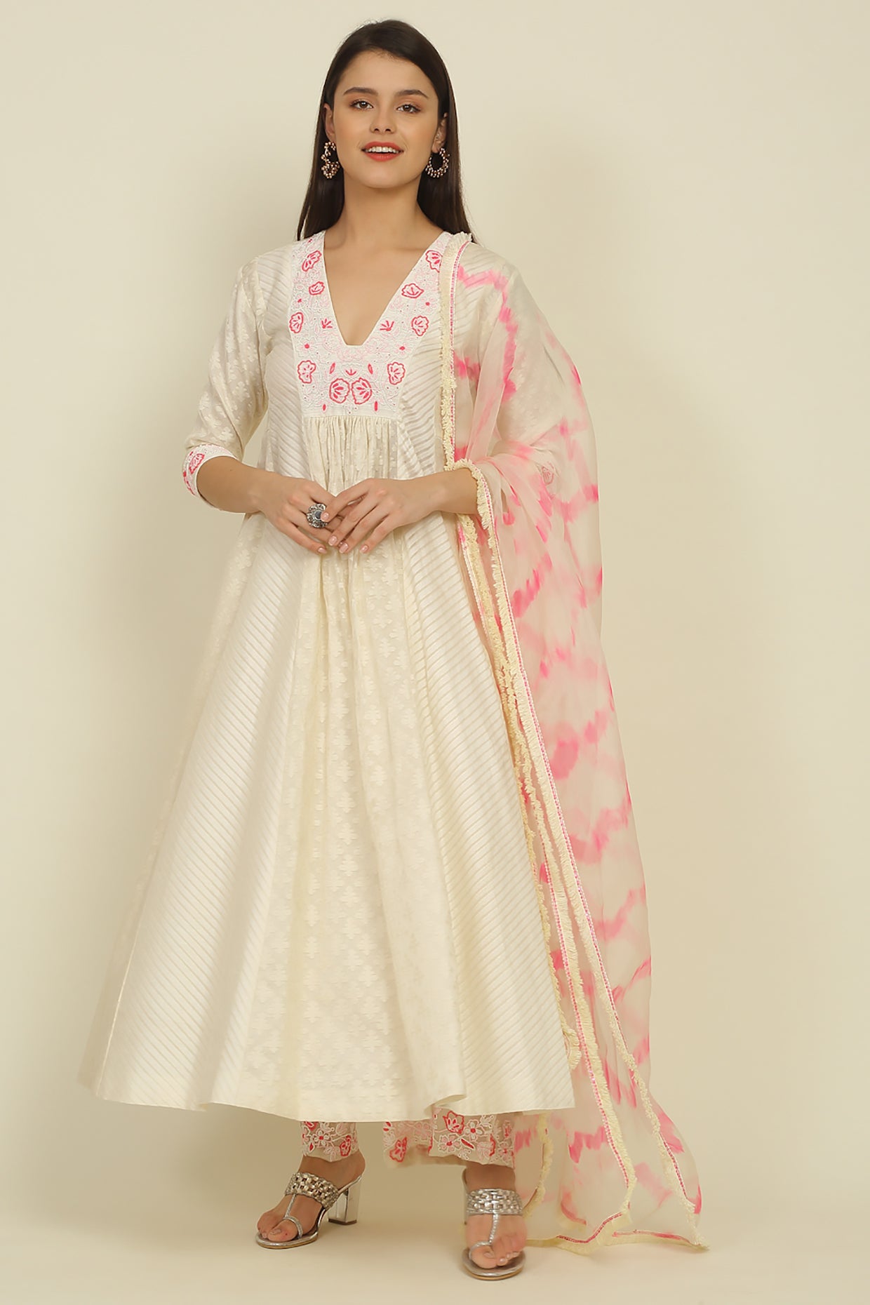 Ivory And Pink Chanderi Suit Set
