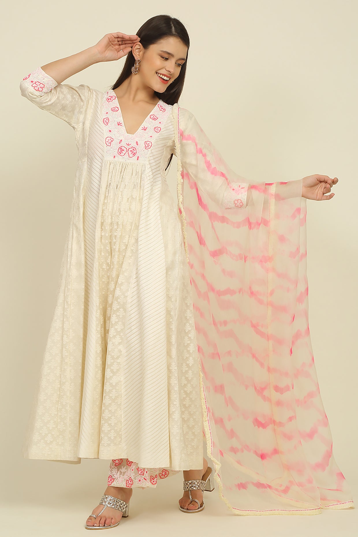 Ivory And Pink Chanderi Suit Set