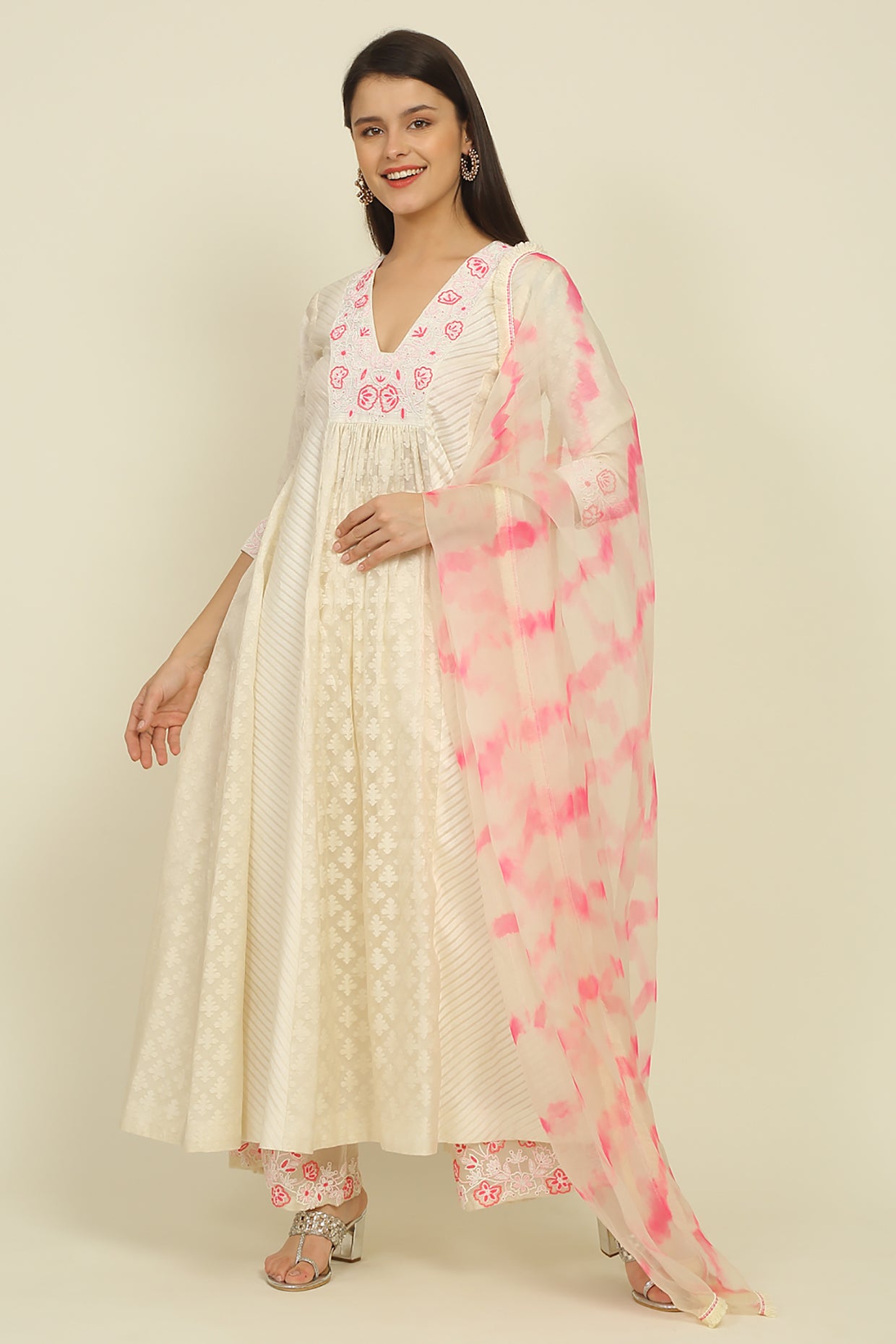Ivory And Pink Chanderi Suit Set