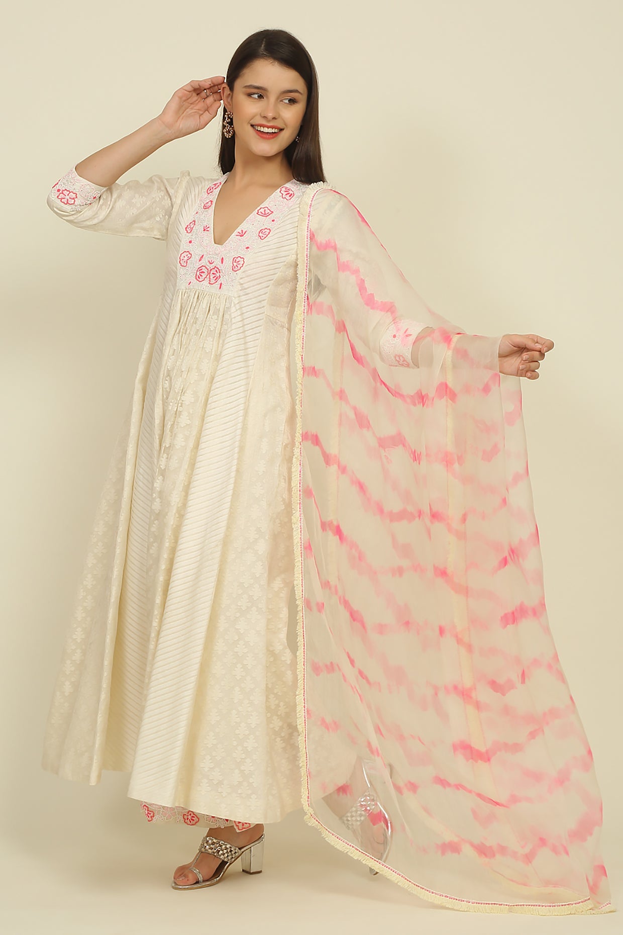 Ivory And Pink Chanderi Suit Set