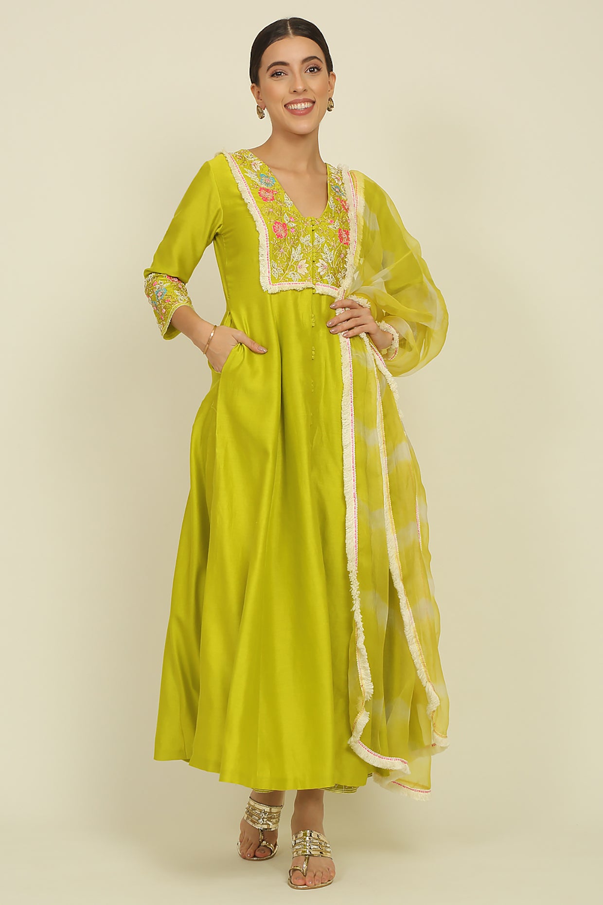 Lime Green Chanderi Suit Set