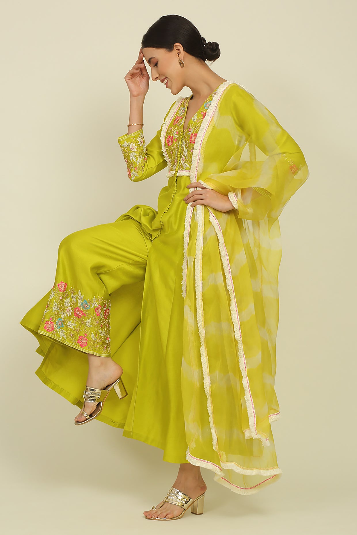 Lime Green Chanderi Suit Set