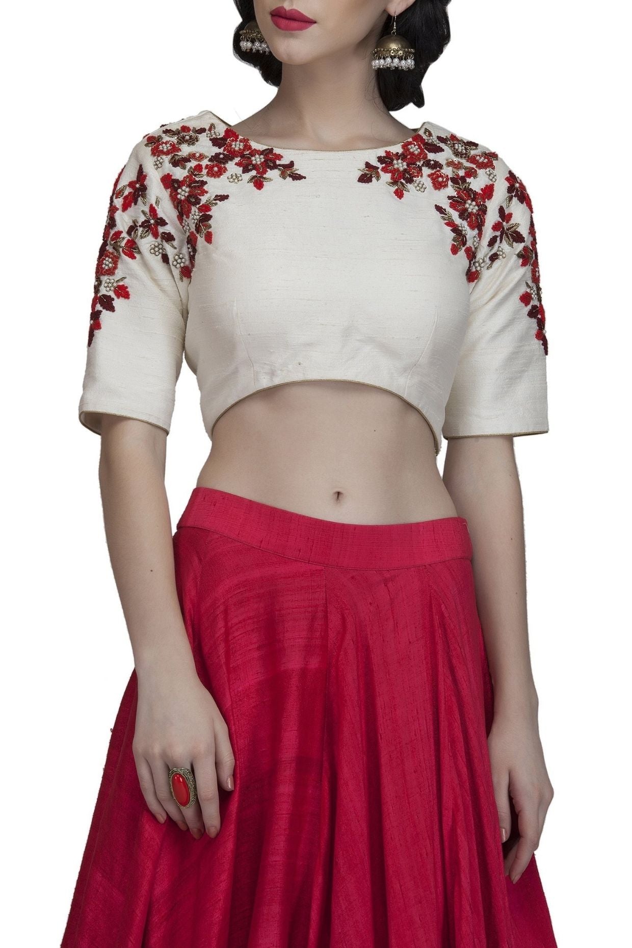 Off White embroidered Crop Top and Red Skirt