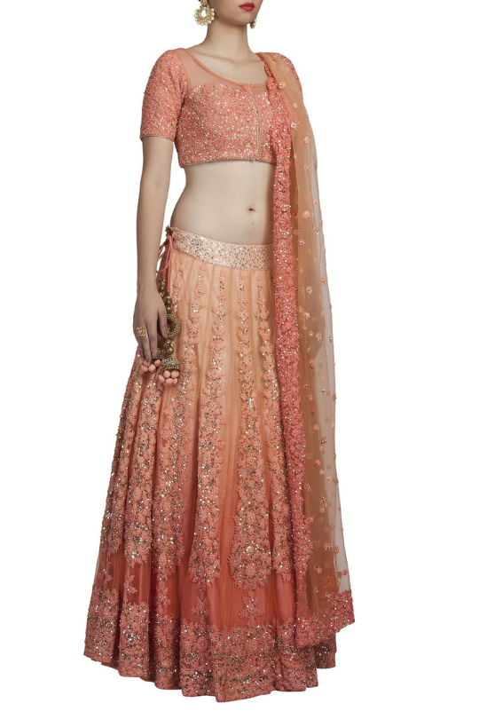 Ombre Dyed backless blouse and Rawsilk Lehenga with beautiful Lathkan and Embroidered Dupatta
