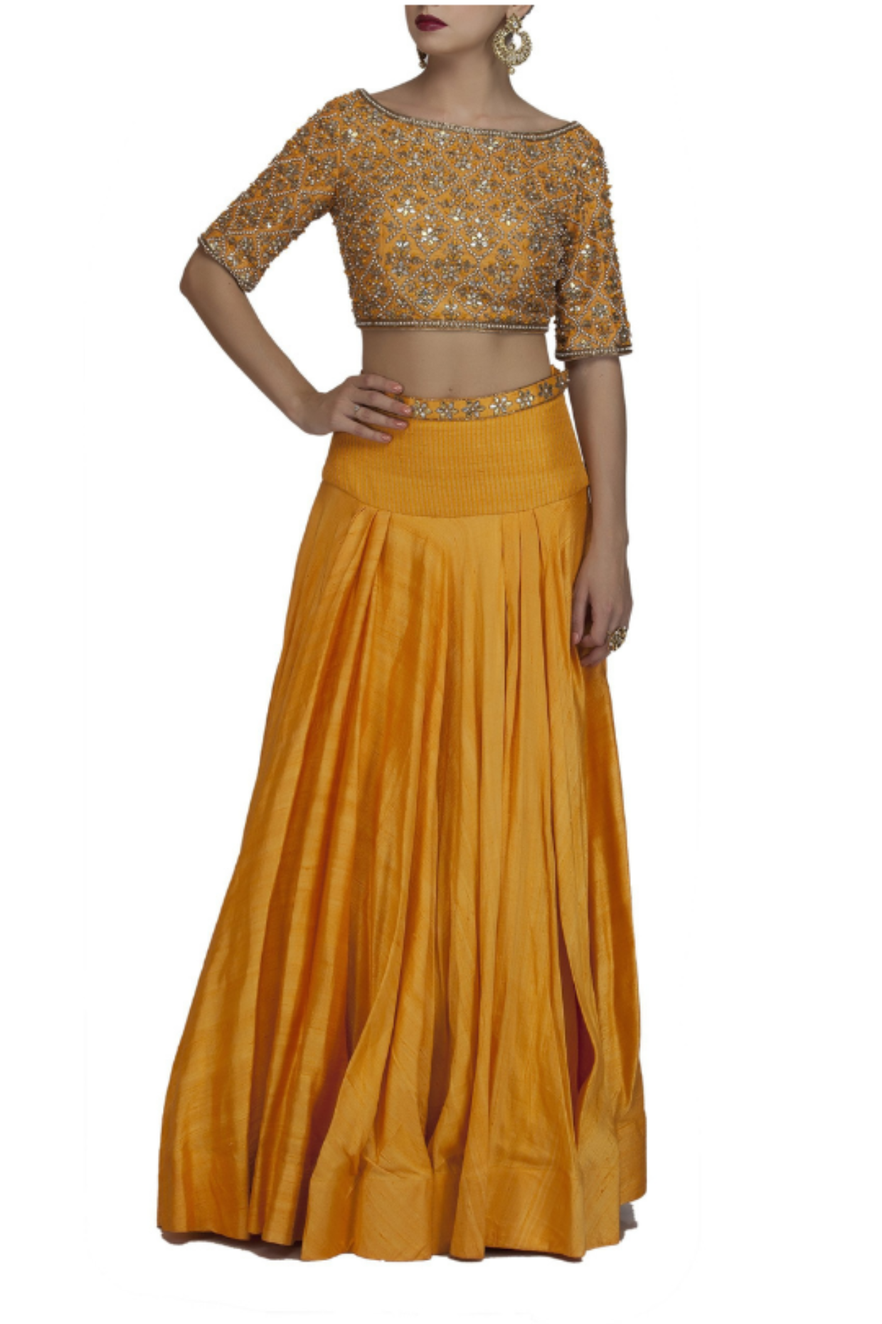 Orange Backless Embroidered Crop Top and Skirt Front look