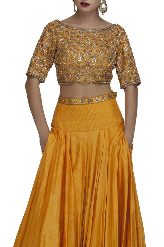 Orange Backless Embroidered Crop Top with Elbow sleeve and Skirt