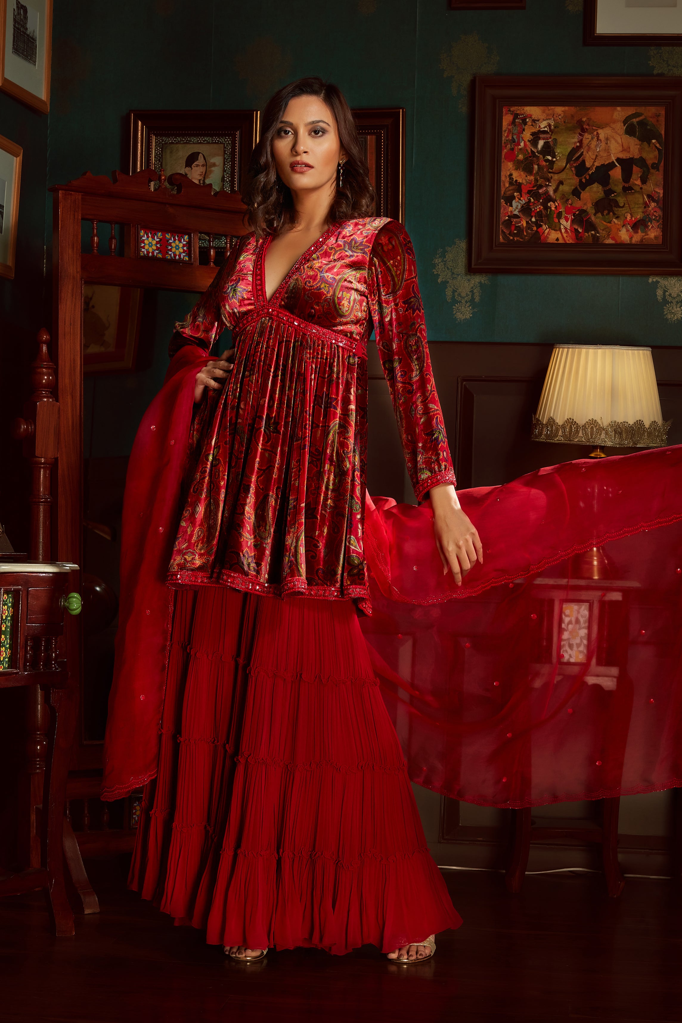 Red Printed Velvet Sharara Set