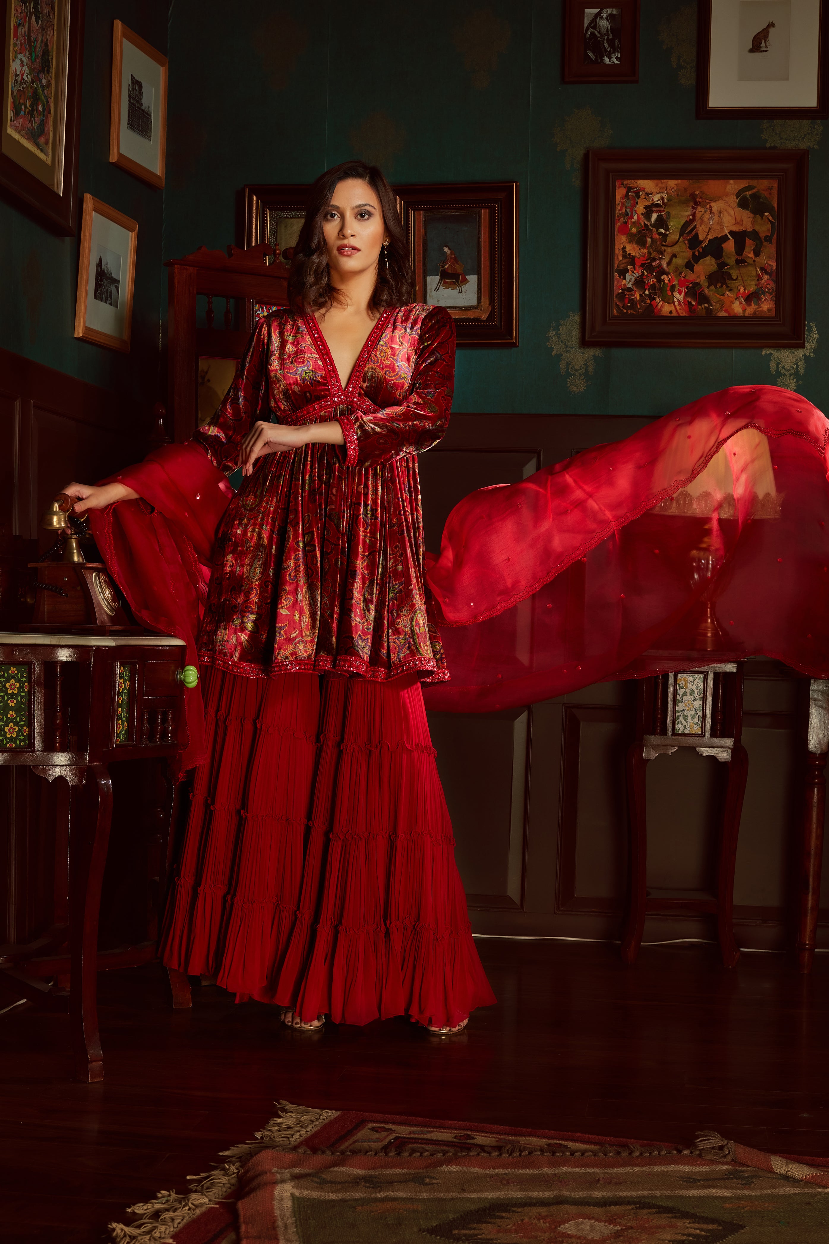 Red Printed Velvet Sharara Set