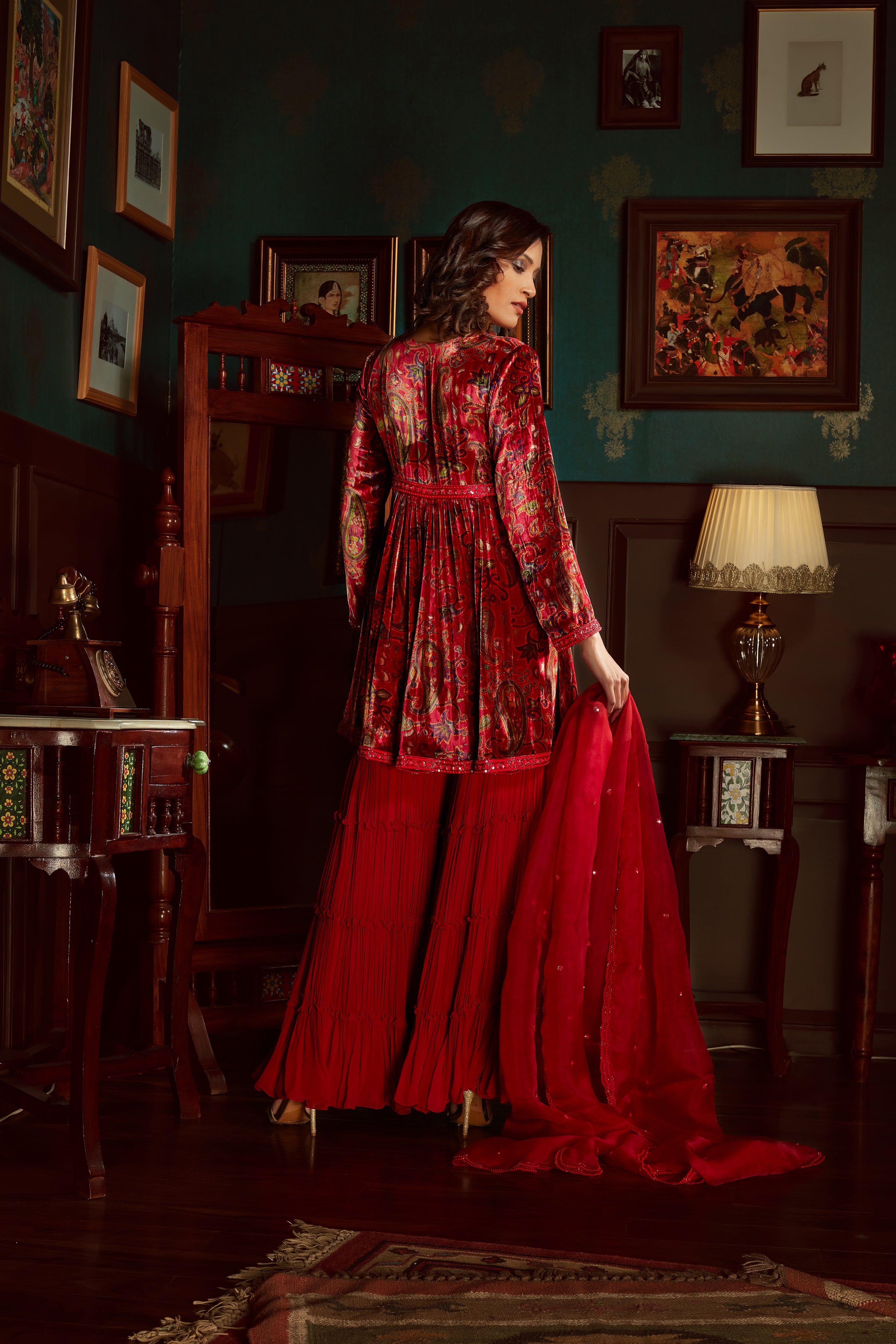 Red Printed Velvet Sharara Set