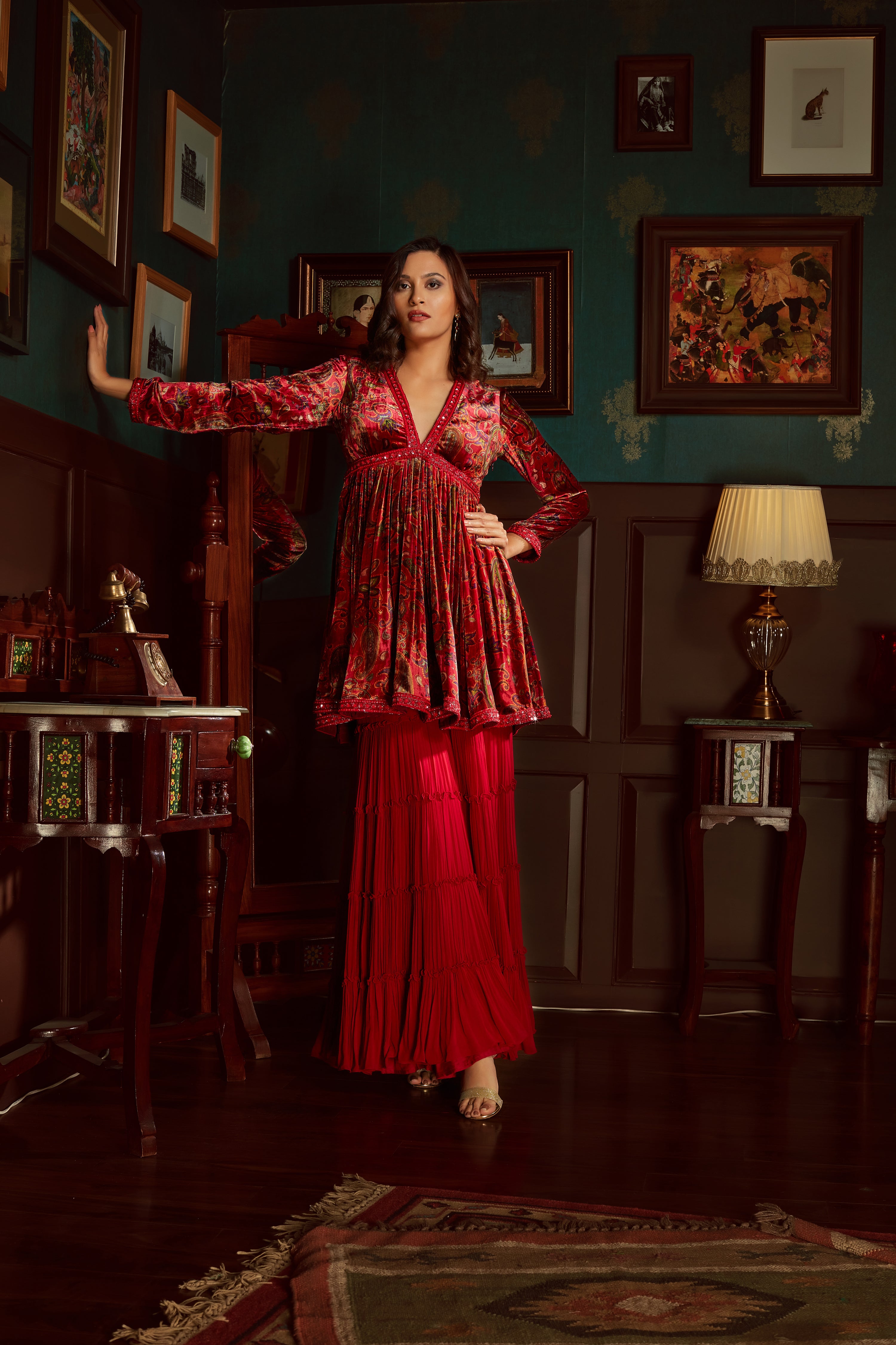 Red Printed Velvet Sharara Set